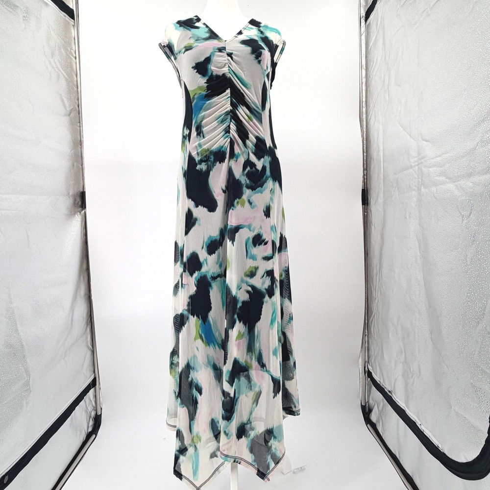 INC Abstract Print V Neck Ruched Midi Dress Women's Small NWT Y2K Fairy